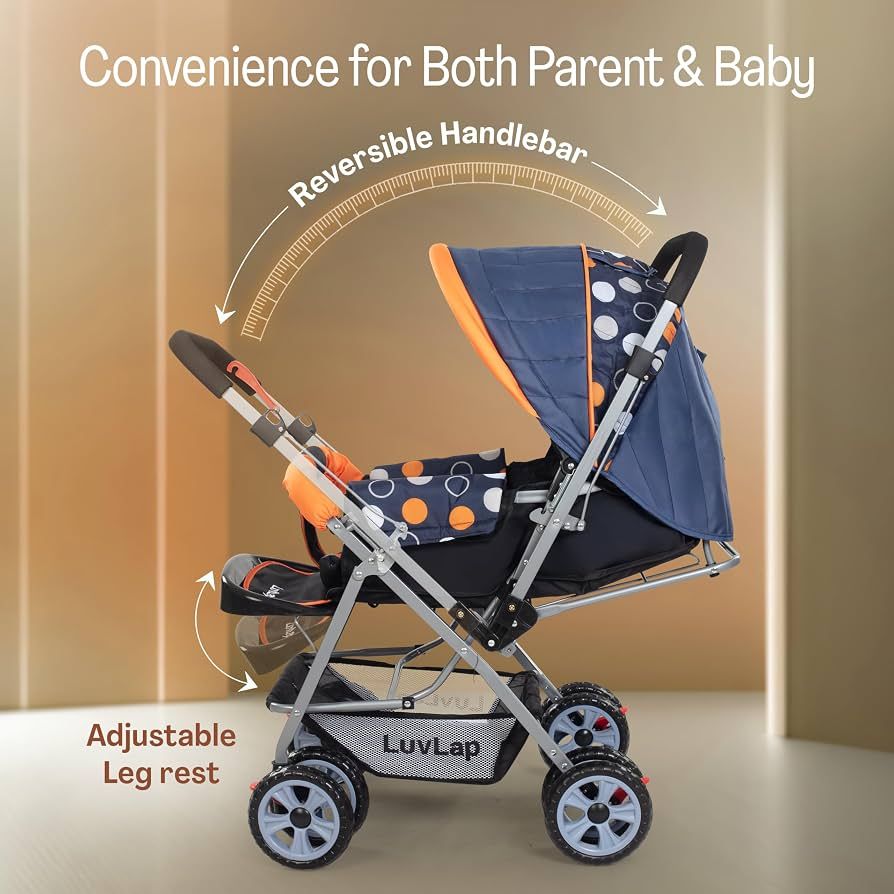 LuvLap Sunshine Baby Stroller/Pram for 0 to 3 Years, New Born/Toddler/Kid, 5 Point Safety Harness, Adjustable backrest, 360° Swivel Wheel, Large Storage Basket, Reversible Handlebar (Orange) view 4