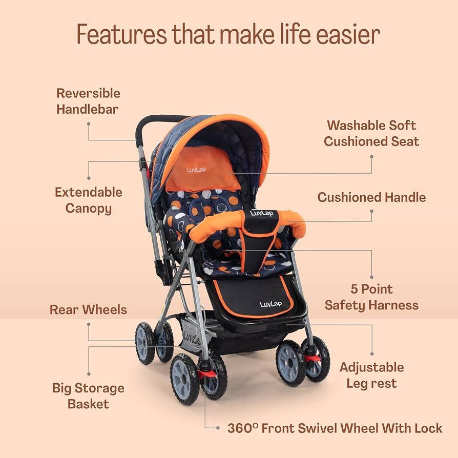 LuvLap Sunshine Baby Stroller/Pram for 0 to 3 Years, New Born/Toddler/Kid, 5 Point Safety Harness, Adjustable backrest, 360° Swivel Wheel, Large Storage Basket, Reversible Handlebar (Orange) view 5