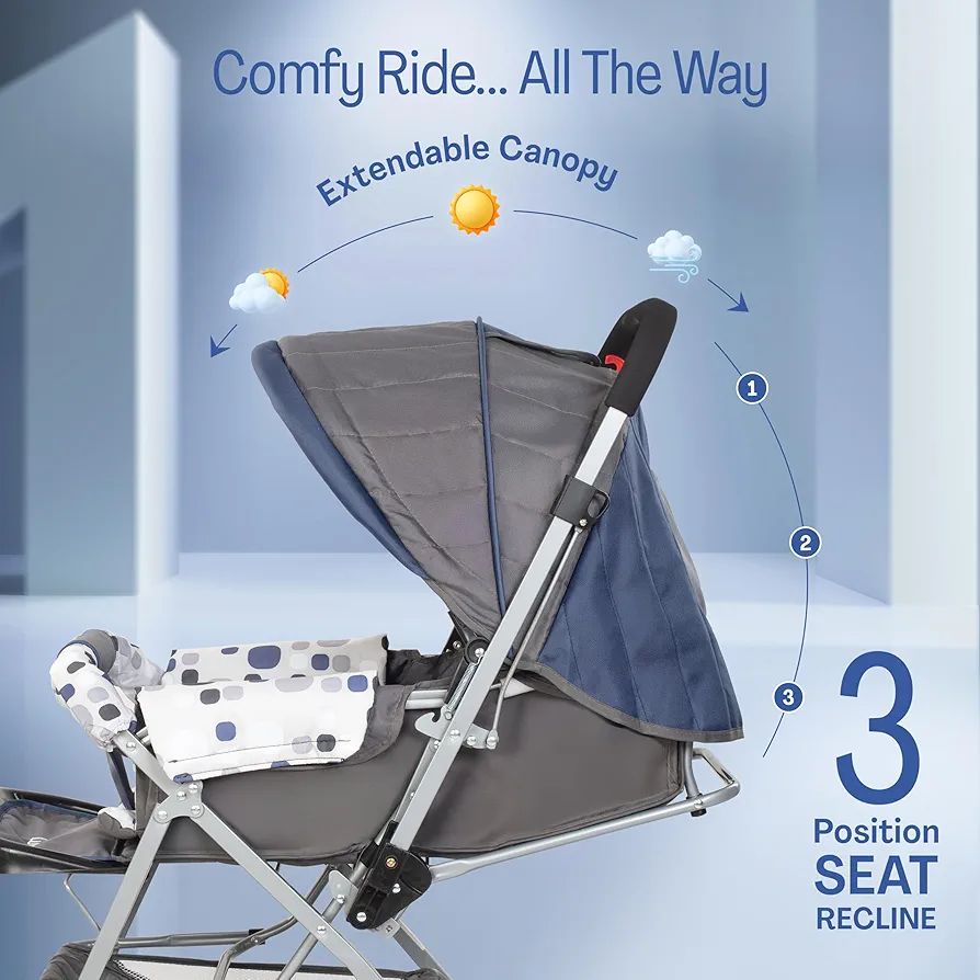 LuvLap Sunshine Baby Stroller/Pram for 0 to 3 Years, New Born/Toddler/Kid, 5 Point Safety Harness, Adjustable backrest, 360° Swivel Wheel, Large Storage Basket, Reversible Handlebar(Navy Blue) view 3