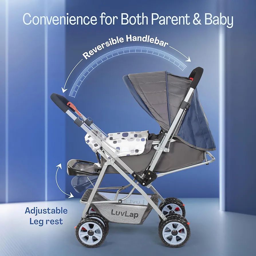 LuvLap Sunshine Baby Stroller/Pram for 0 to 3 Years, New Born/Toddler/Kid, 5 Point Safety Harness, Adjustable backrest, 360° Swivel Wheel, Large Storage Basket, Reversible Handlebar(Navy Blue) view 4