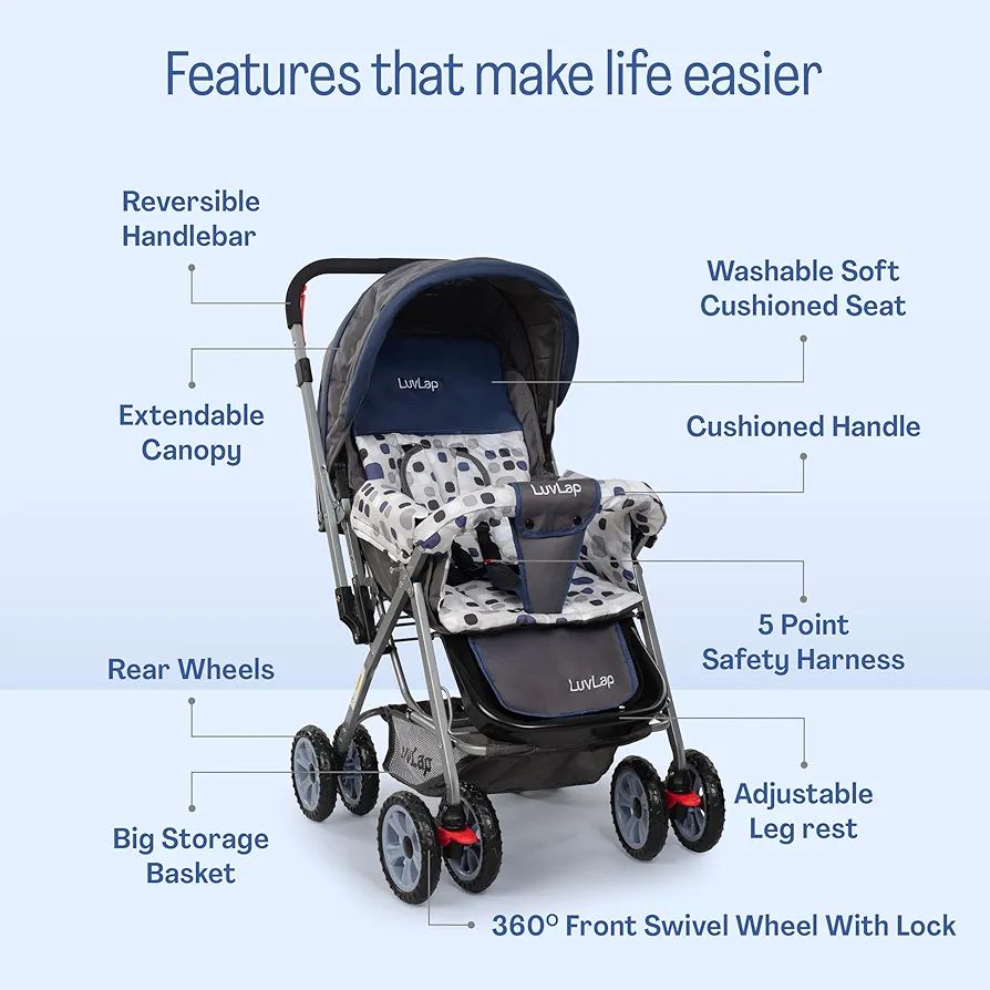 LuvLap Sunshine Baby Stroller/Pram for 0 to 3 Years, New Born/Toddler/Kid, 5 Point Safety Harness, Adjustable backrest, 360° Swivel Wheel, Large Storage Basket, Reversible Handlebar(Navy Blue) view 5