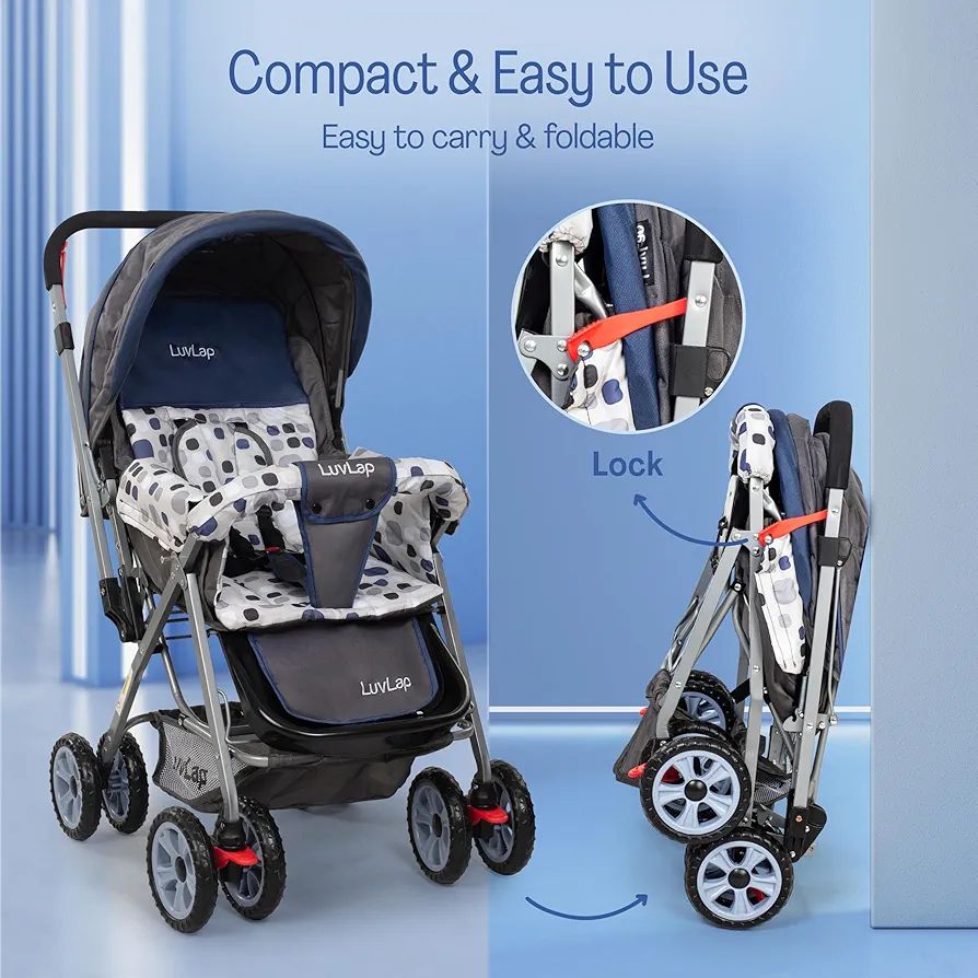 LuvLap Sunshine Baby Stroller/Pram for 0 to 3 Years, New Born/Toddler/Kid, 5 Point Safety Harness, Adjustable backrest, 360° Swivel Wheel, Large Storage Basket, Reversible Handlebar(Navy Blue) view 7