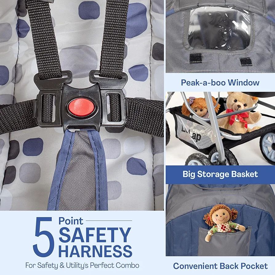 LuvLap Sunshine Baby Stroller/Pram for 0 to 3 Years, New Born/Toddler/Kid, 5 Point Safety Harness, Adjustable backrest, 360° Swivel Wheel, Large Storage Basket, Reversible Handlebar(Navy Blue) view 8