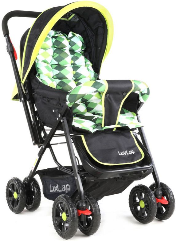LuvLap Sunshine Baby Stroller / Pram for 0 to 3 Years, New Born / Toddler / Kid, 5 Point Safety Harness, Adjustable backrest, 360° Swivel Wheel, Large storage basket, Reversible Handlebar (Green)