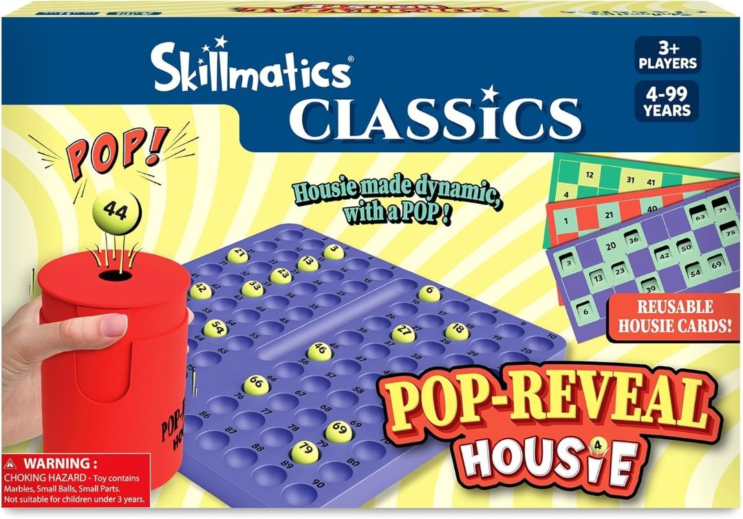 Skillmatics Pop-Reveal Housie – Classic Housie Tambola Game with a Twist
Reusable Cards, Fun for Family Game Nights & Celebrations, Gift for Kids, Teens & Adults, Ages 4, 5, 6, & Up, 3+ Players