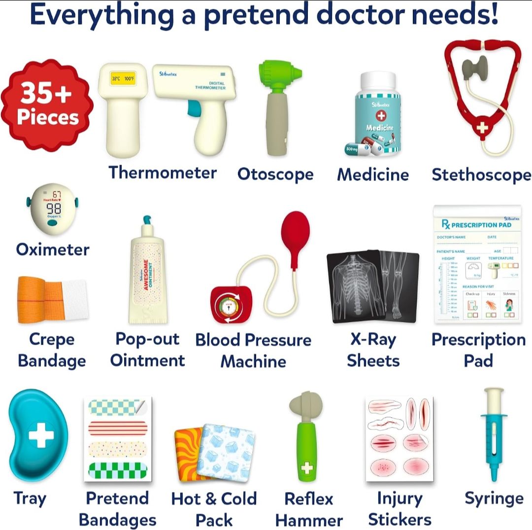 Skillmatics Doctor Set for Kids – 35+ Piece Interactive Pretend Play Kit
Medical Interactive Tool Kit, Thermometer, BP Monitor, X–Ray Sheets, Role Play Toy, Gift for Ages 4–8 view 2