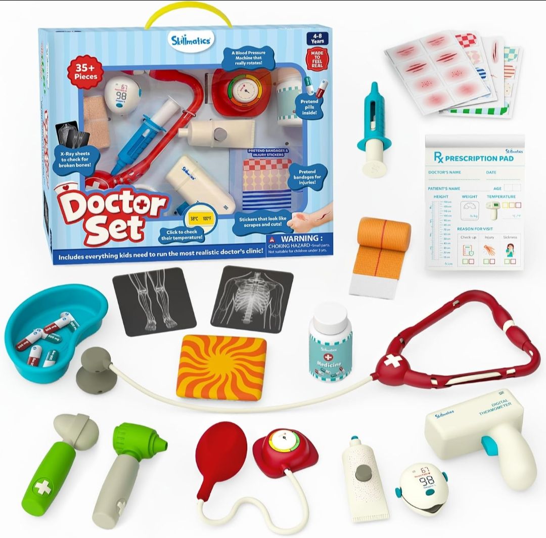 Skillmatics Doctor Set for Kids – 35+ Piece Interactive Pretend Play Kit
Medical Interactive Tool Kit, Thermometer, BP Monitor, X–Ray Sheets, Role Play Toy, Gift for Ages 4–8