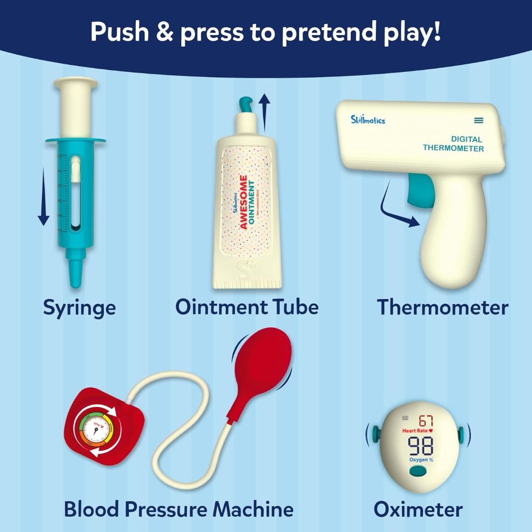 Skillmatics Doctor Set for Kids – 35+ Piece Interactive Pretend Play Kit
Medical Interactive Tool Kit, Thermometer, BP Monitor, X–Ray Sheets, Role Play Toy, Gift for Ages 4–8 view 4
