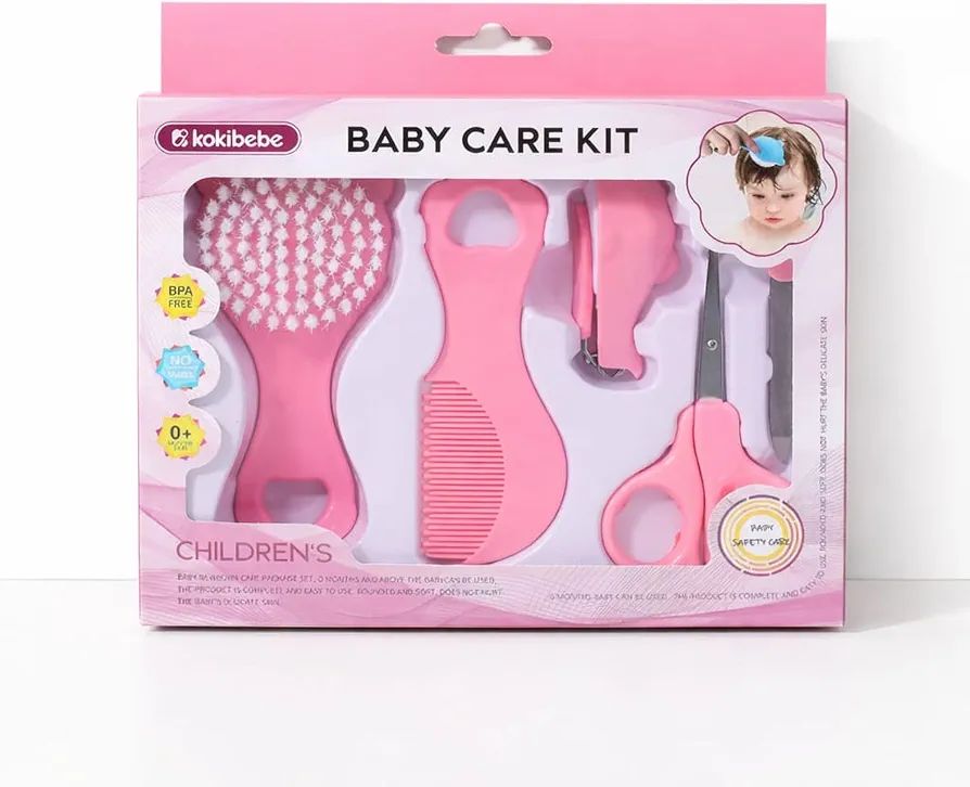 Baby Care Grooming Kit 6 in 1 Newborn Hygiene Set with Soft Brush Comb Nail Clipper Safety Scissors Nail File and Nasal Cleaner for Infants Toddlers - Pink