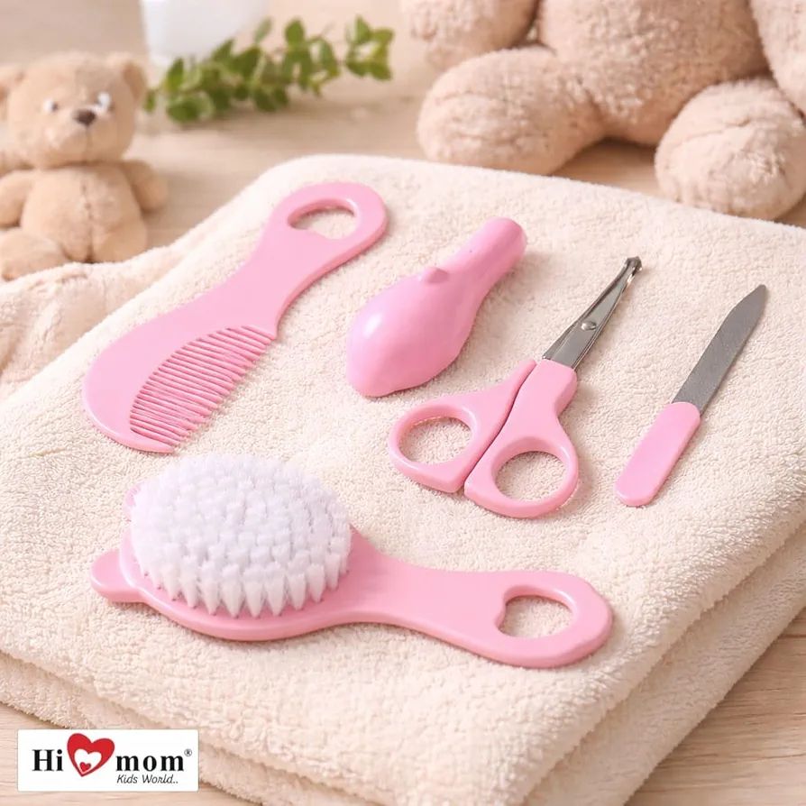 Baby Care Grooming Kit 6 in 1 Newborn Hygiene Set with Soft Brush Comb Nail Clipper Safety Scissors Nail File and Nasal Cleaner for Infants Toddlers - Pink view 2