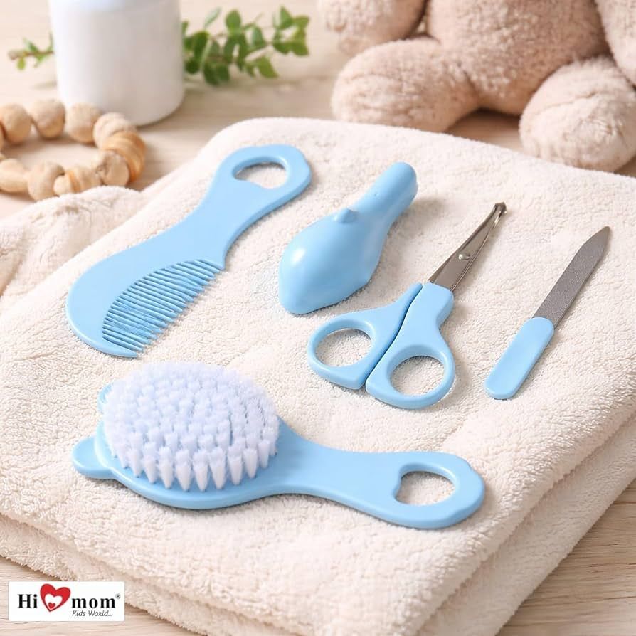 Baby Care Grooming Kit 6 in 1 Newborn Hygiene Set with Soft Brush Comb Nail Clipper Safety Scissors Nail File and Nasal Cleaner for Infants Toddlers - Blue view 2