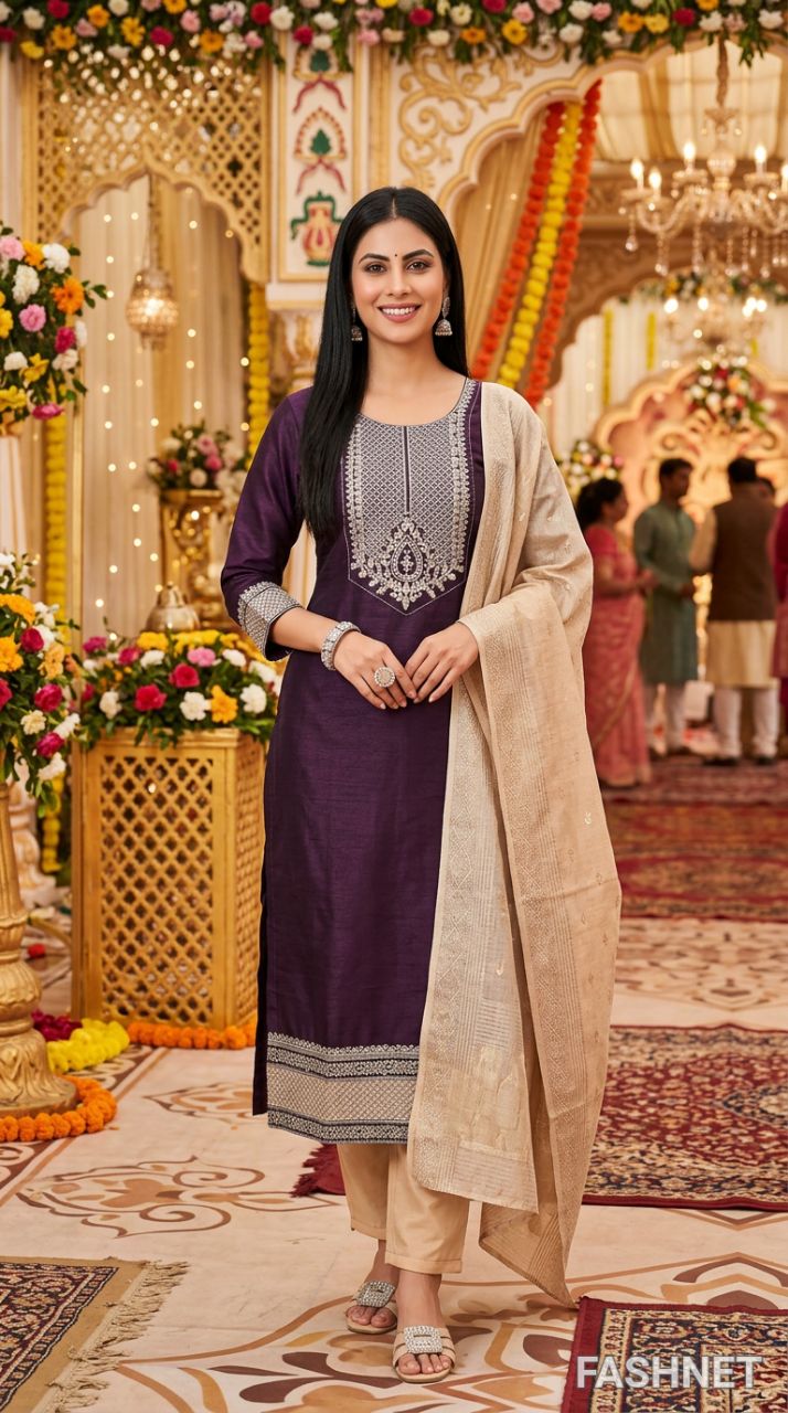 Embroidered Silk Salwar Suit Set view 3