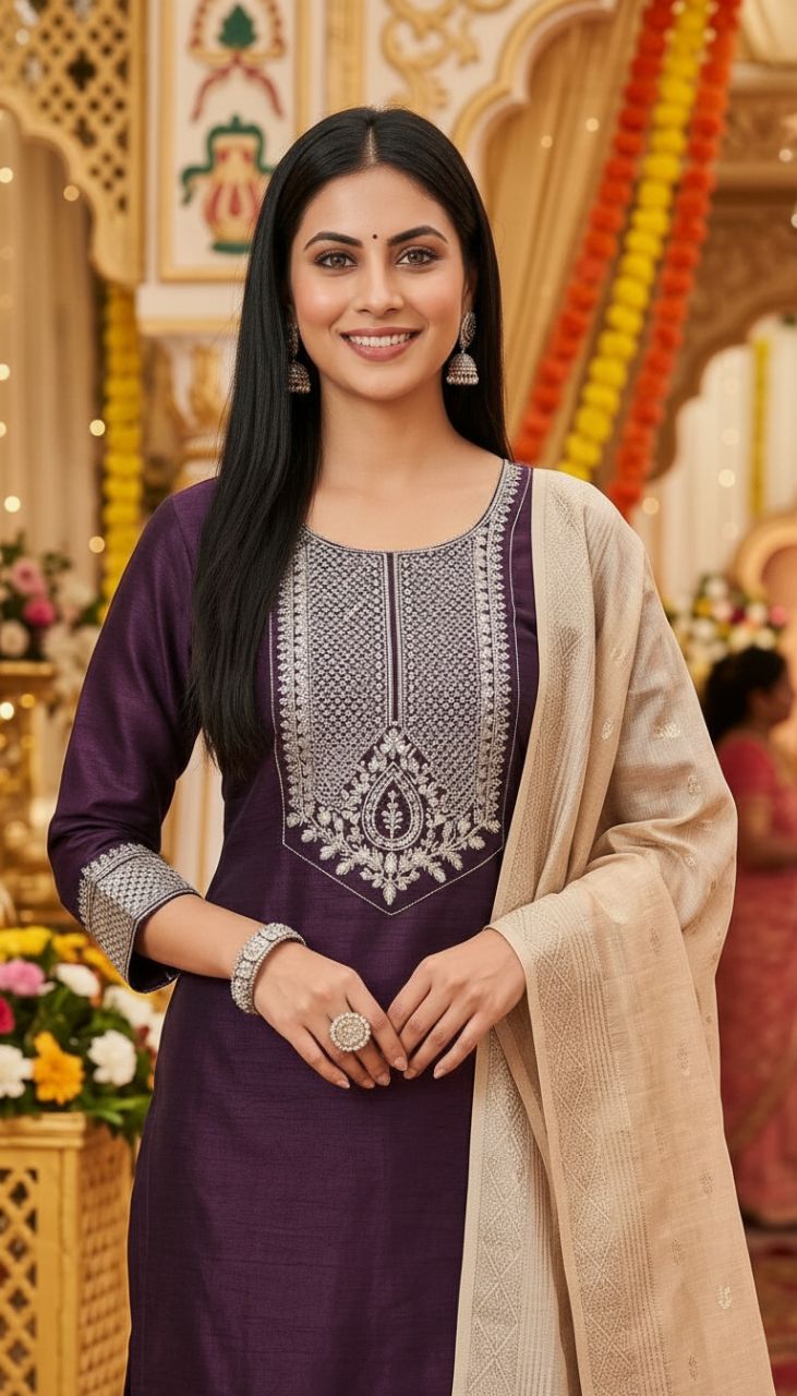 Embroidered Silk Salwar Suit Set view 5