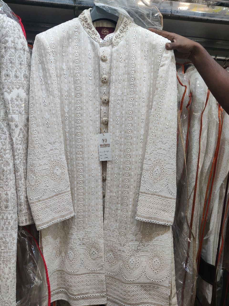 Embroidered White Sherwani view 2