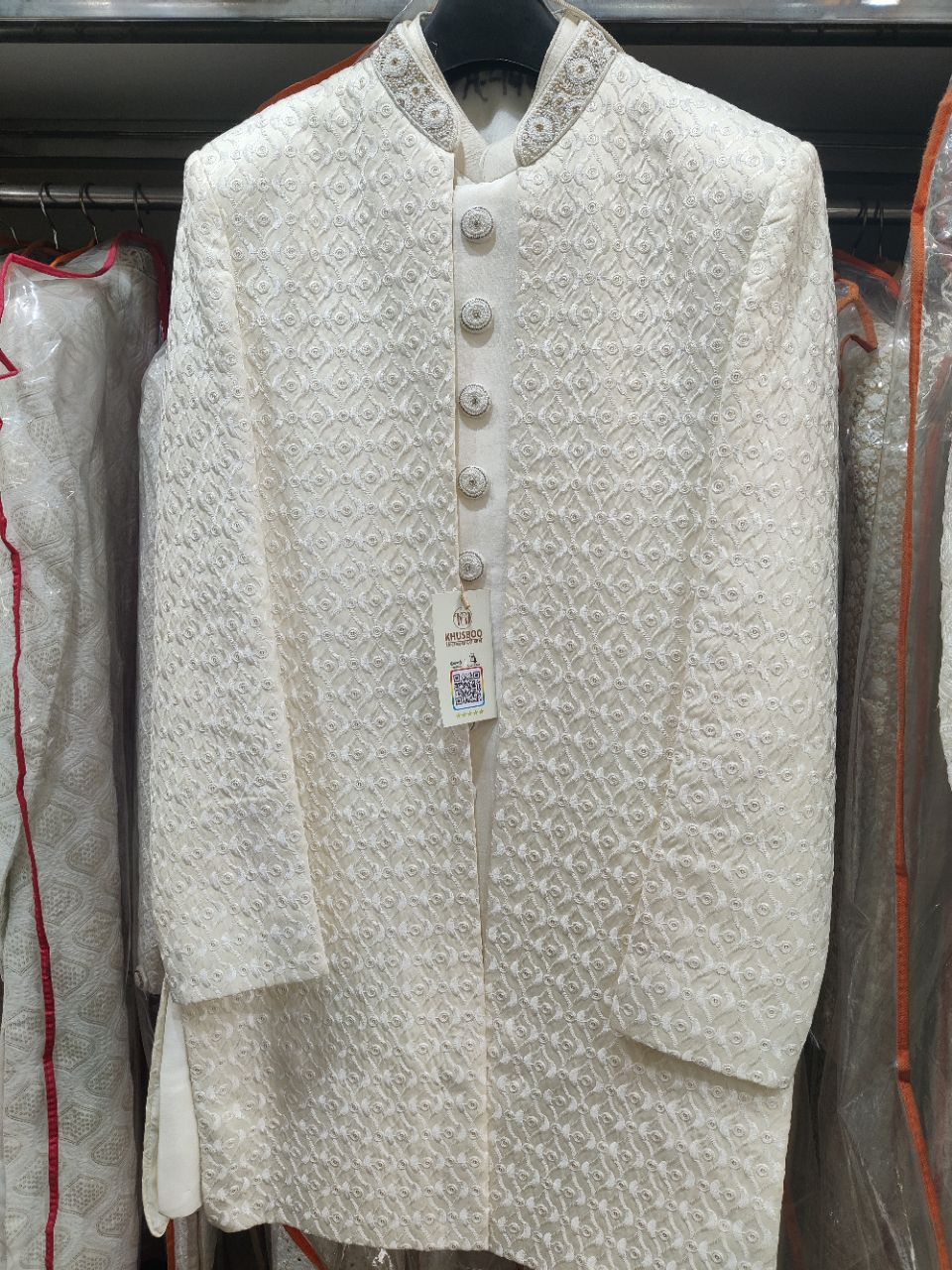 Embroidered White Sherwani view 2