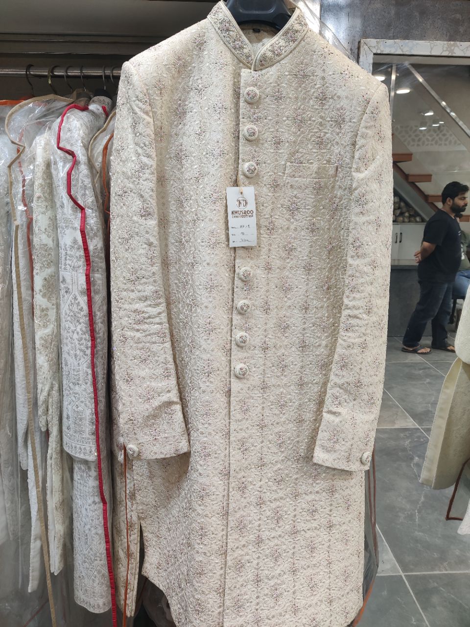Embroidered Cream Sherwani view 2
