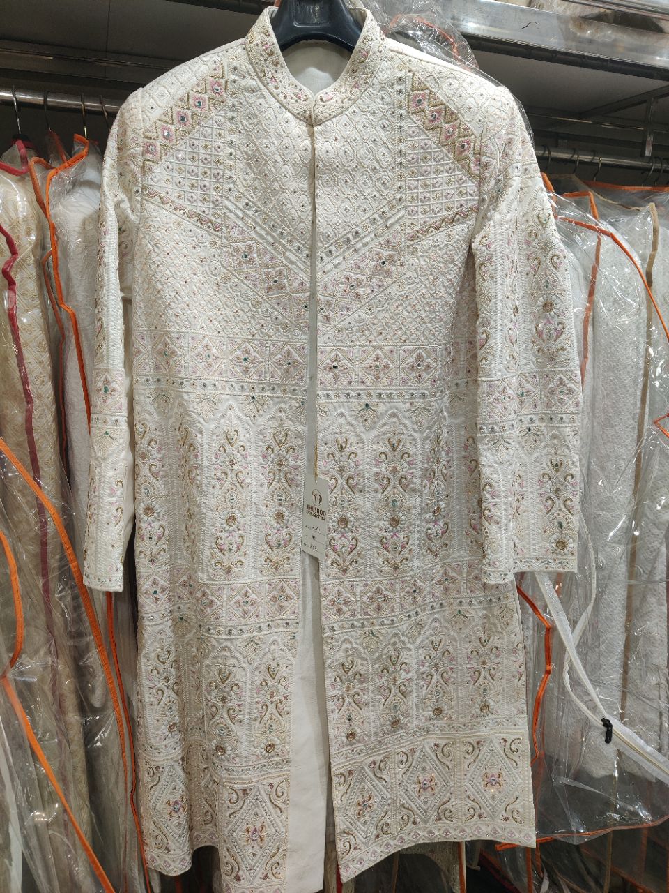 Embroidered White Sherwani view 2
