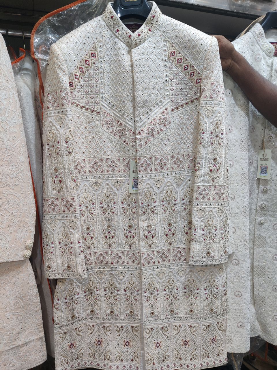 Embroidered White Sherwani view 2