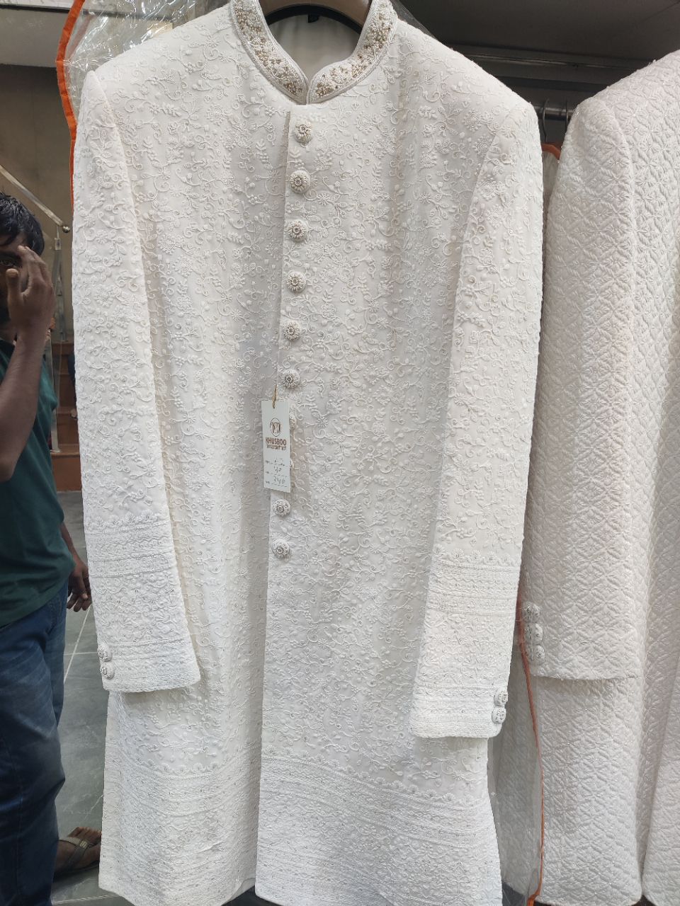 Embroidered White Sherwani view 2