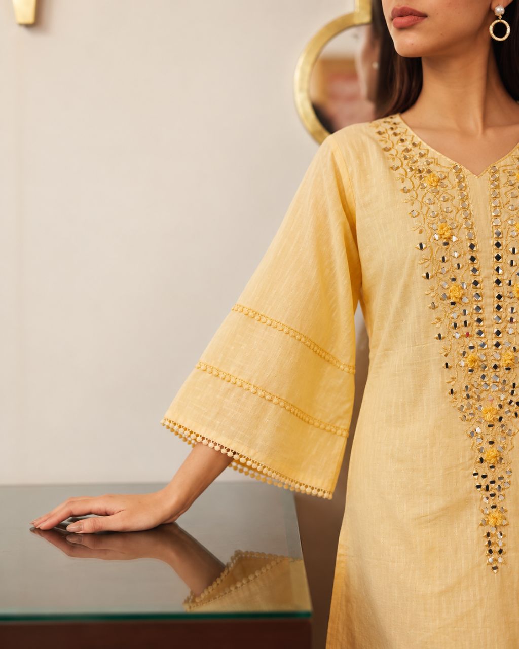 XL Butter yellow dobby cotton farshi set with mirror embroidery view 4