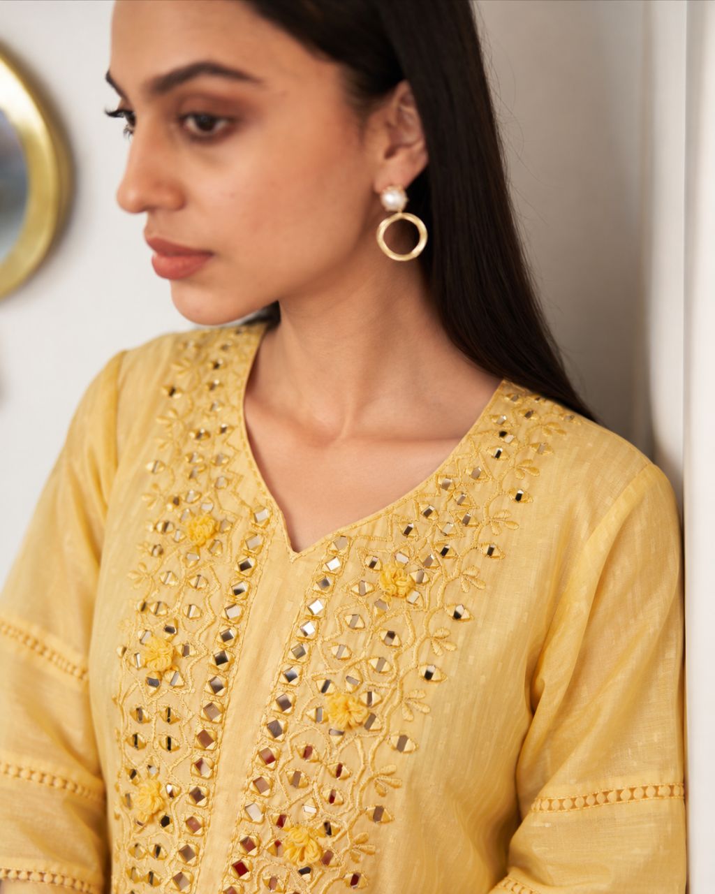 2XL Butter yellow dobby cotton farshi set with mirror embroidery view 3