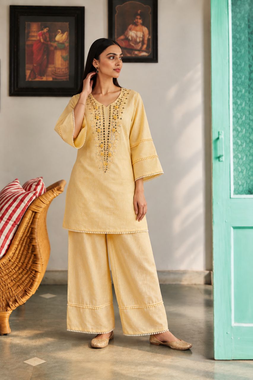 2XL Butter yellow dobby cotton farshi set with mirror embroidery