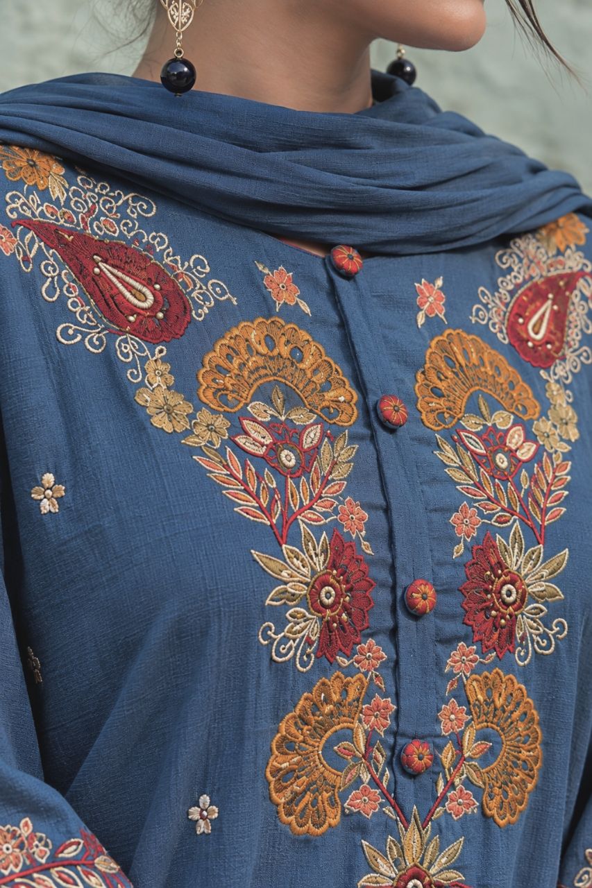 L Indigo Blue Cotton with Floral Embroidery On Kurta and Dupatta view 4
