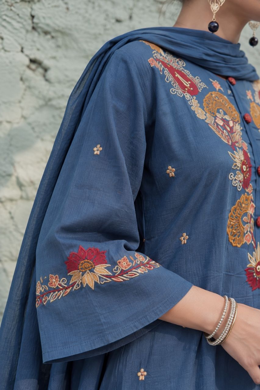 L Indigo Blue Cotton with Floral Embroidery On Kurta and Dupatta view 3