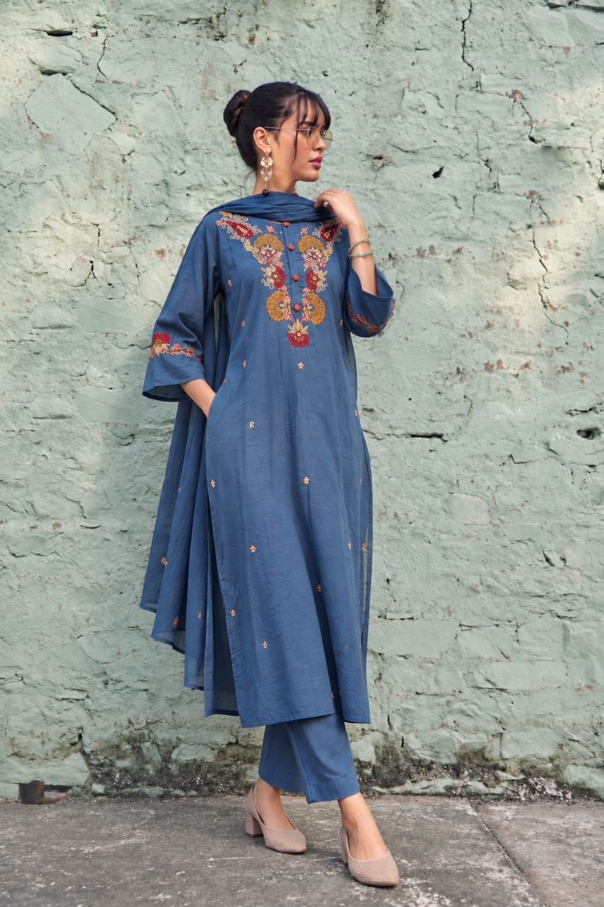 L Indigo Blue Cotton with Floral Embroidery On Kurta and Dupatta