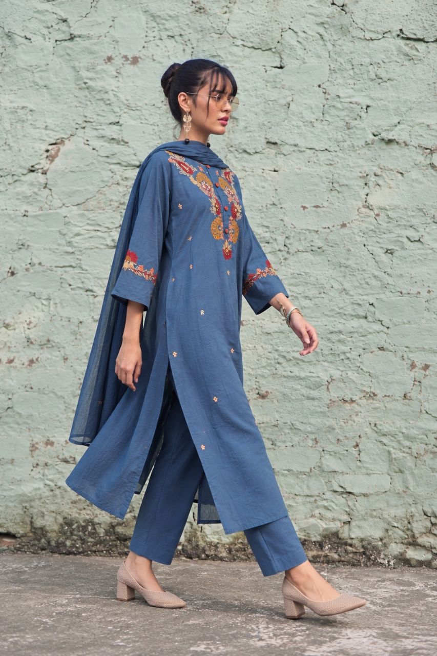 L Indigo Blue Cotton with Floral Embroidery On Kurta and Dupatta view 2