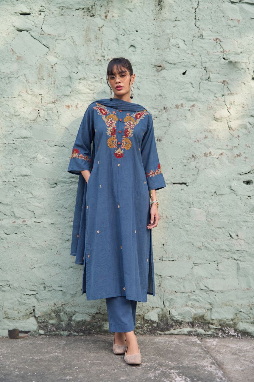 L Indigo Blue Cotton with Floral Embroidery On Kurta and Dupatta view 8
