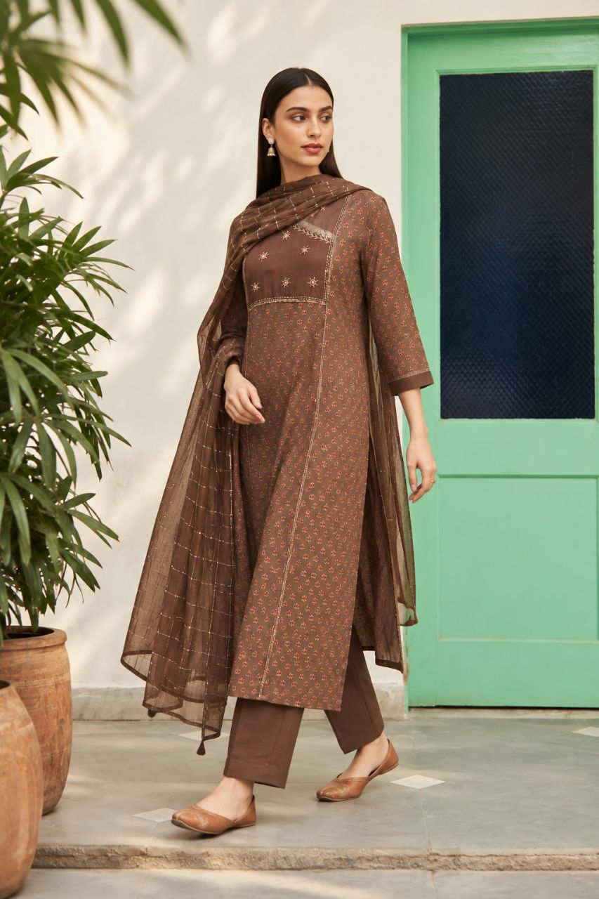 XL Peacan Brown Ajrakh Print With Mirror Highlights And Hand Embroidery Kurta Set view 2