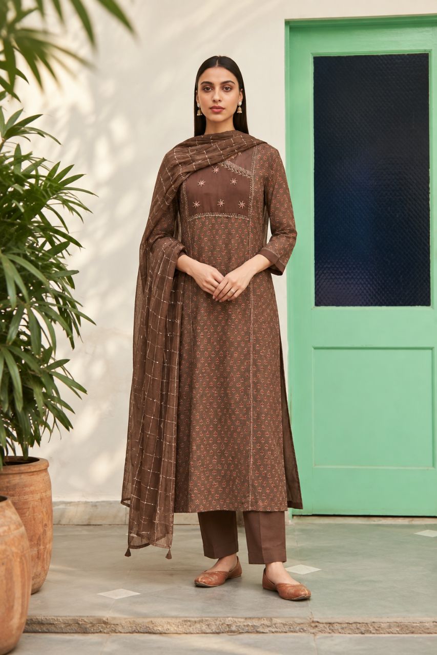 XL Peacan Brown Ajrakh Print With Mirror Highlights And Hand Embroidery Kurta Set view 3
