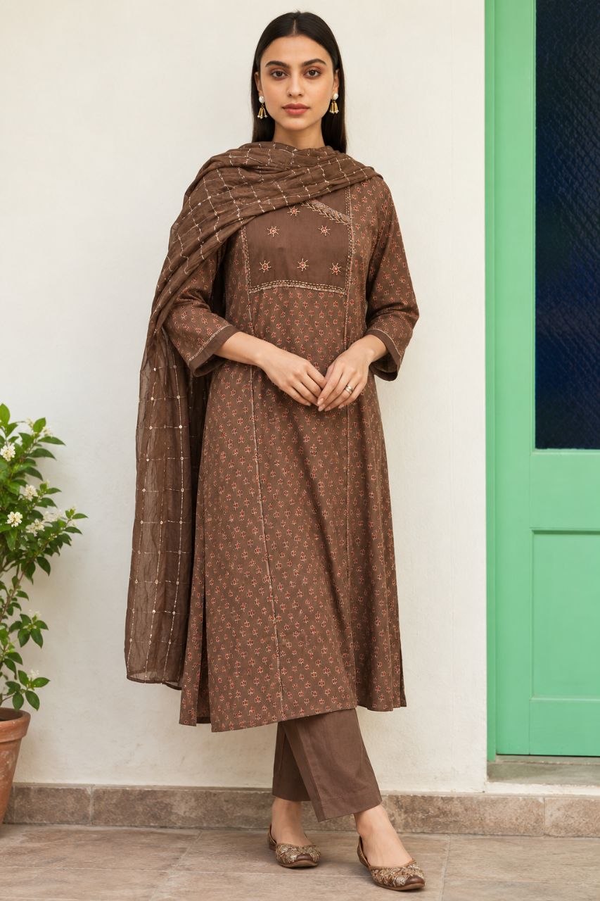 XL Peacan Brown Ajrakh Print With Mirror Highlights And Hand Embroidery Kurta Set view 5