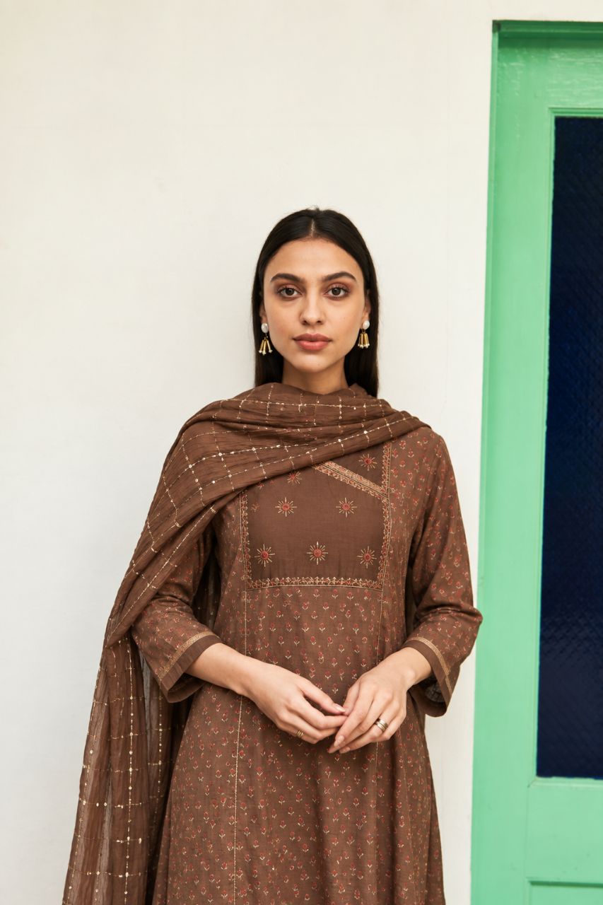 XL Peacan Brown Ajrakh Print With Mirror Highlights And Hand Embroidery Kurta Set view 4