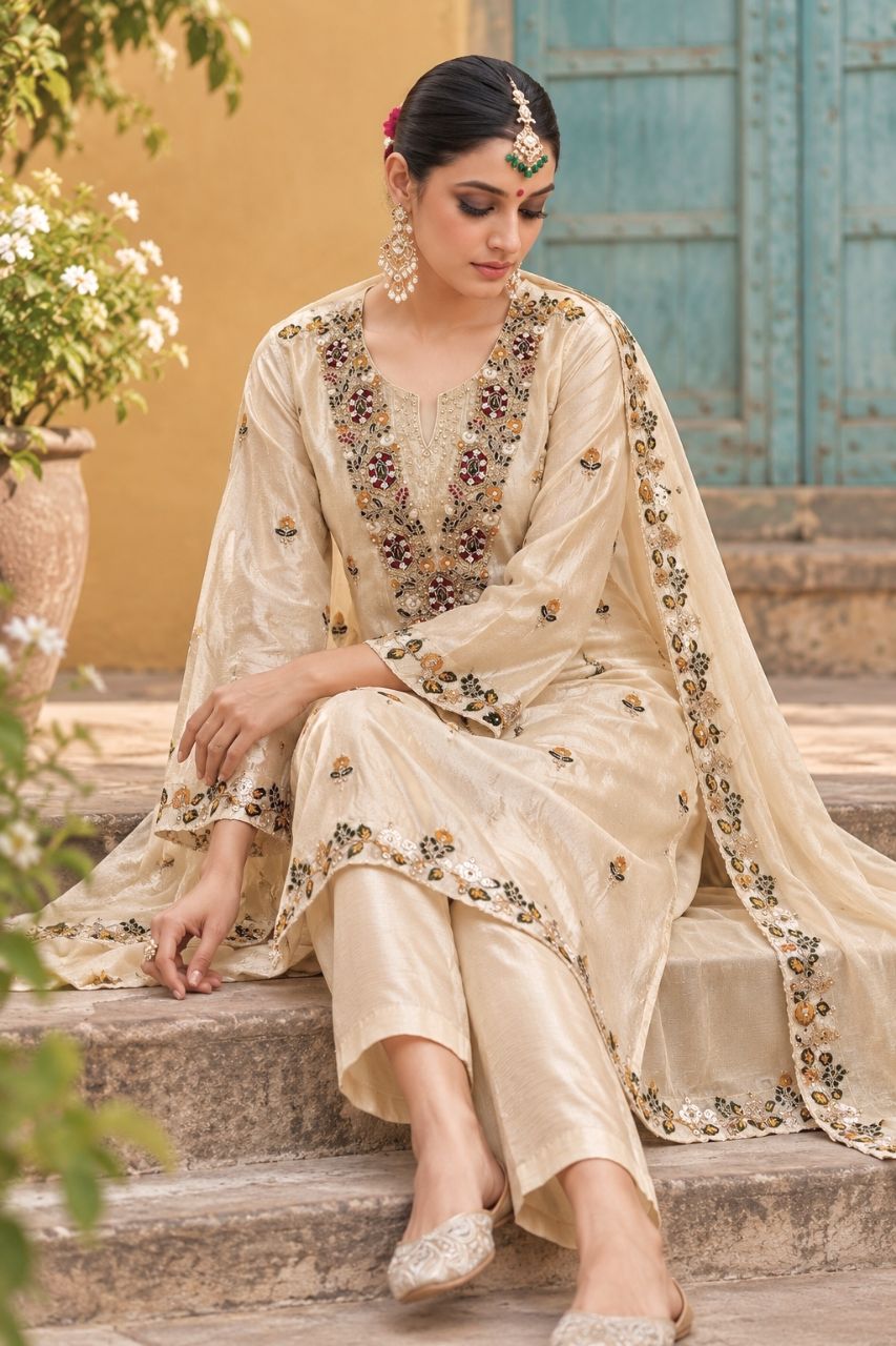 L Cream Beige Zari Tissue Silk With Embroidery And Bead Work view 3