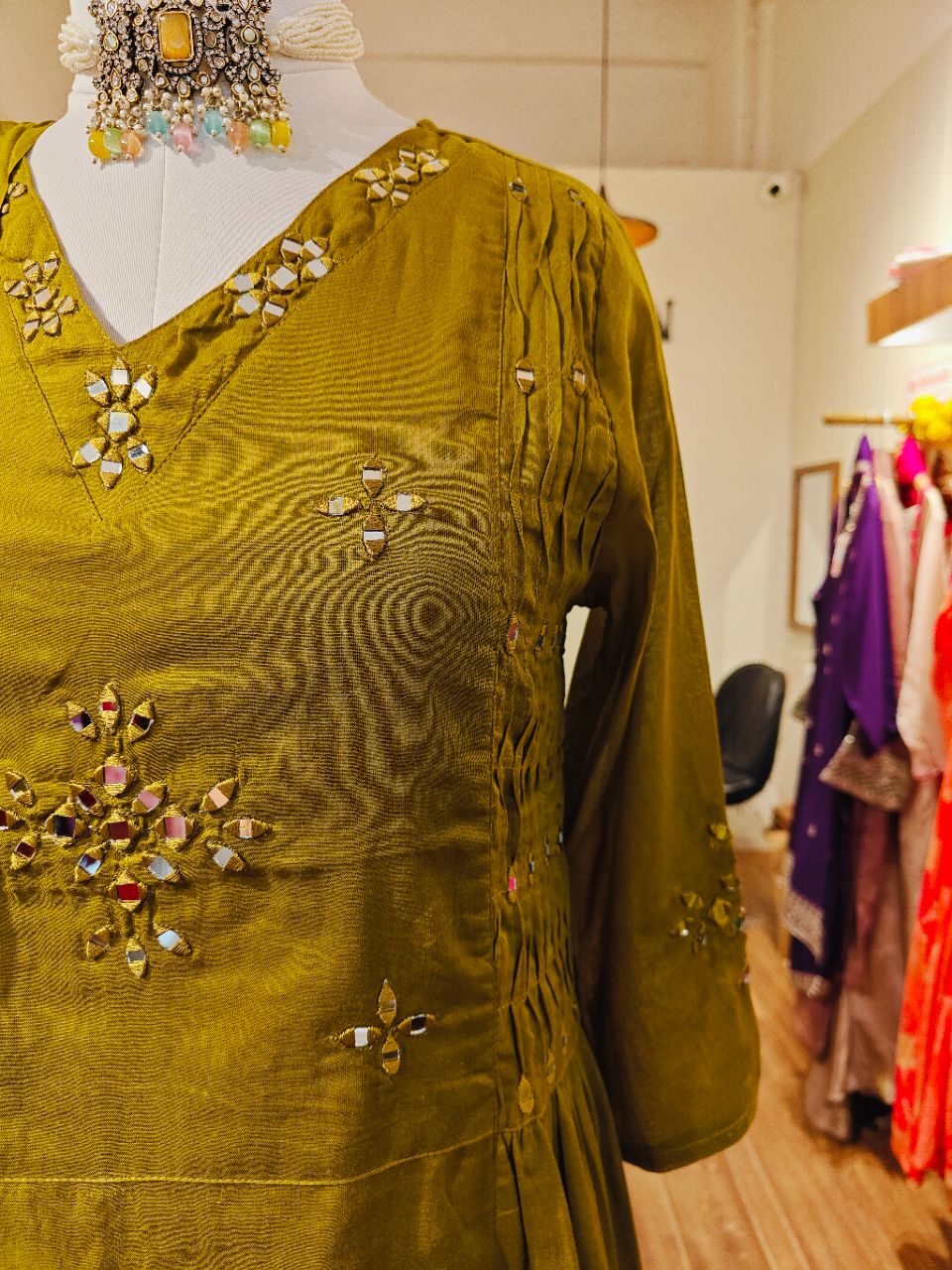 Dark olive green mul cotton with mirror embroidery - L view 5