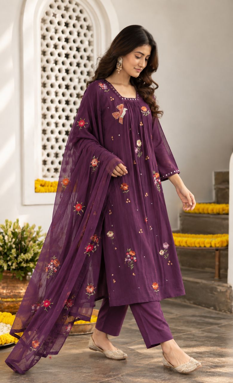 Aubergine Chiffon Kurta Set With Multi Floral Embroidery view 2