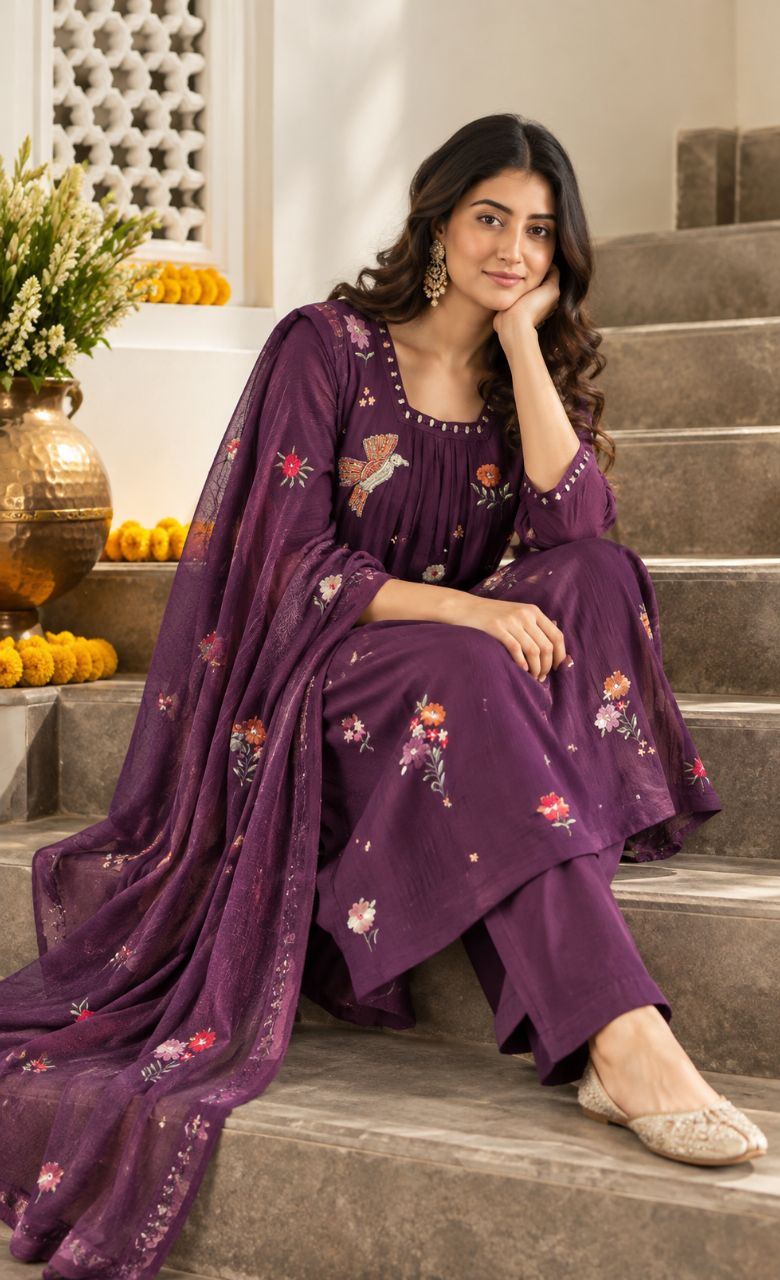 Aubergine Chiffon Kurta Set With Multi Floral Embroidery view 3
