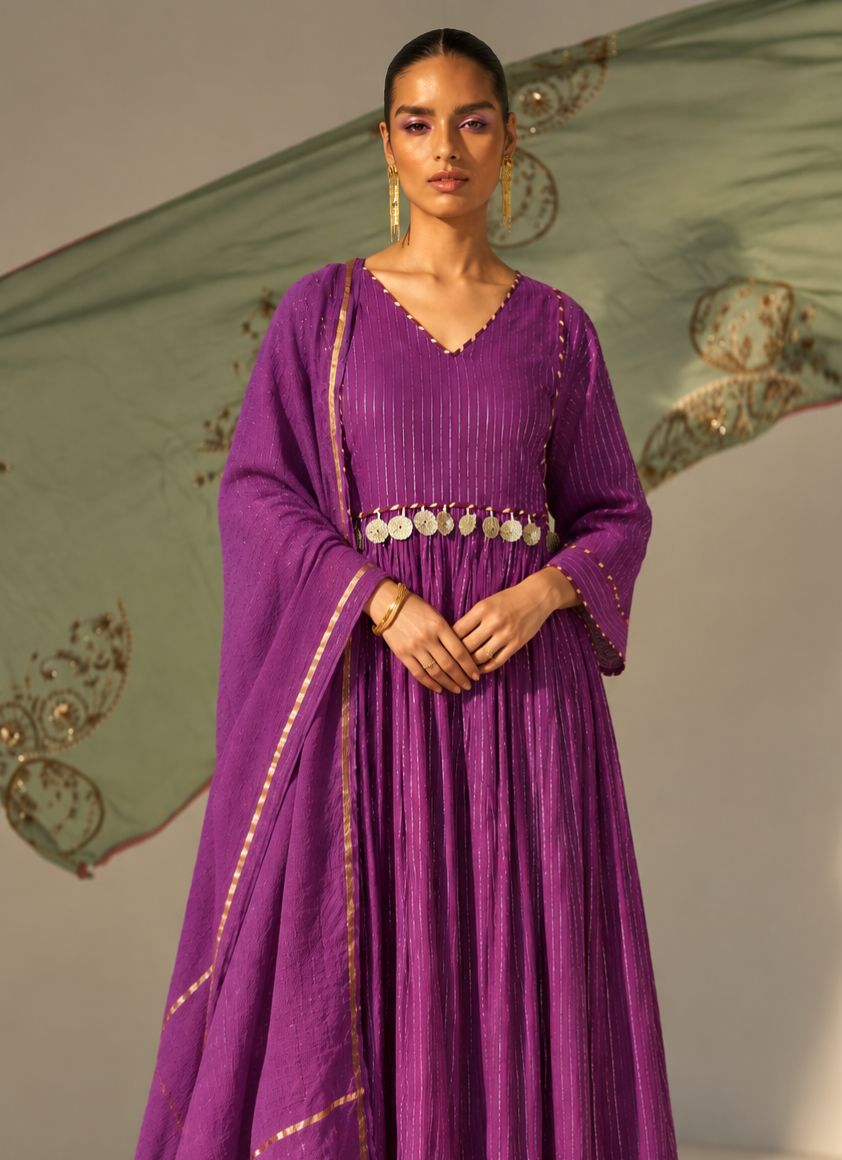 Purple Lurex Stripe Cotton Kurta Set With Tassels In York