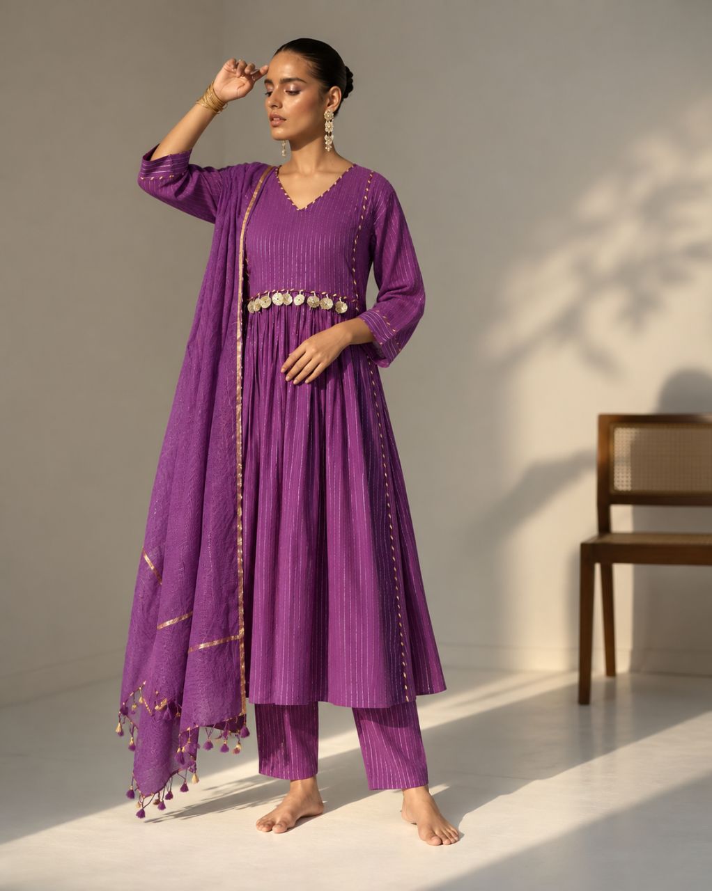 Purple Lurex Stripe Cotton Kurta Set With Tassels In York view 2