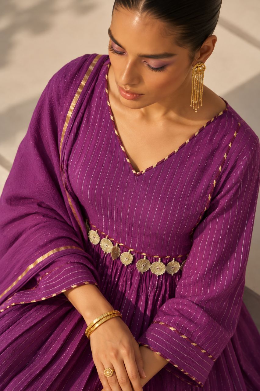 Purple Lurex Stripe Cotton Kurta Set With Tassels In York view 3