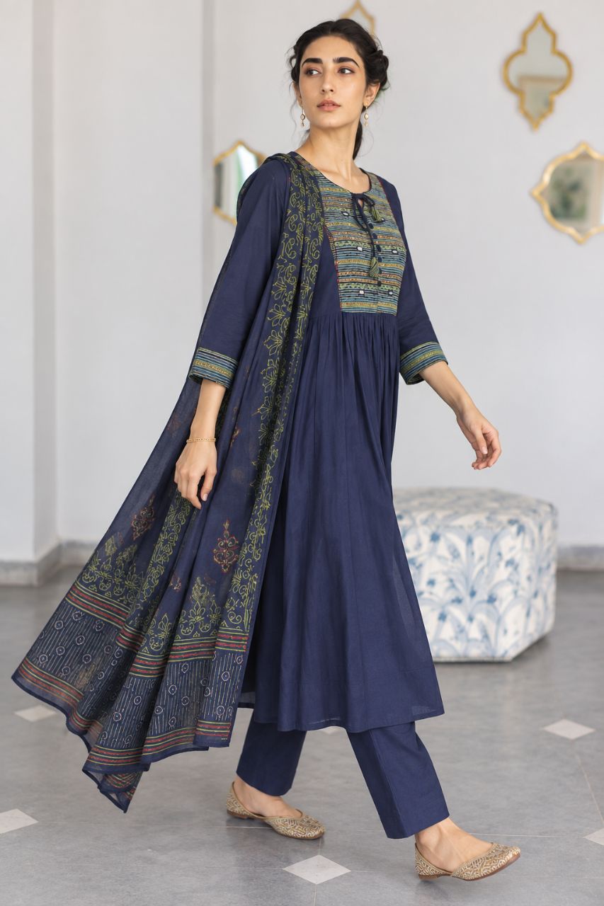 XL Dark Blue Cotton Kutch Embroidery With Tie Ups view 2