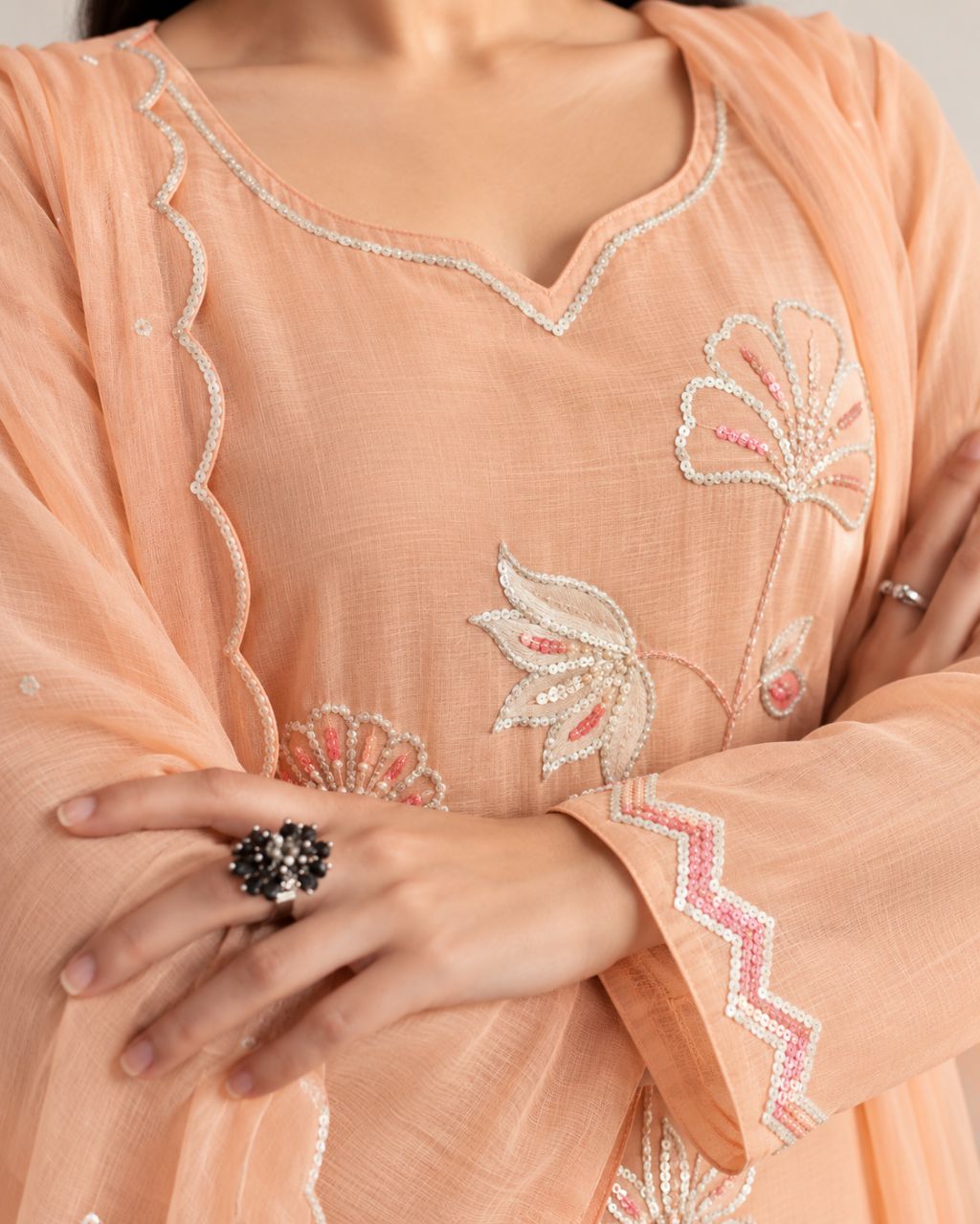XL Pastel Pink Chanderi With Bead Sequin Work Straight Kurta view 3