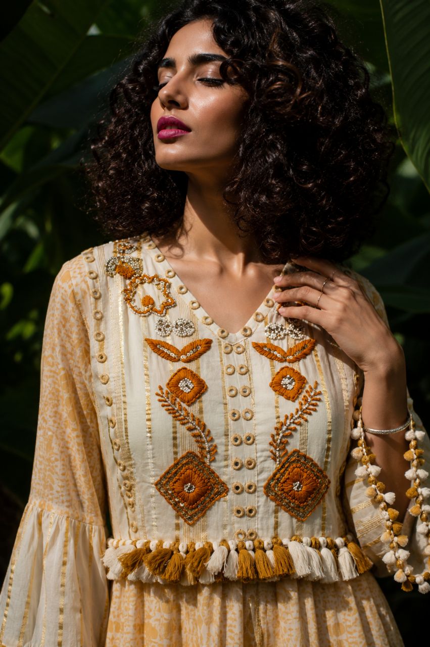 Boho Cotton Lurex Short Dress With Hand Embroidery And Tassels view 3