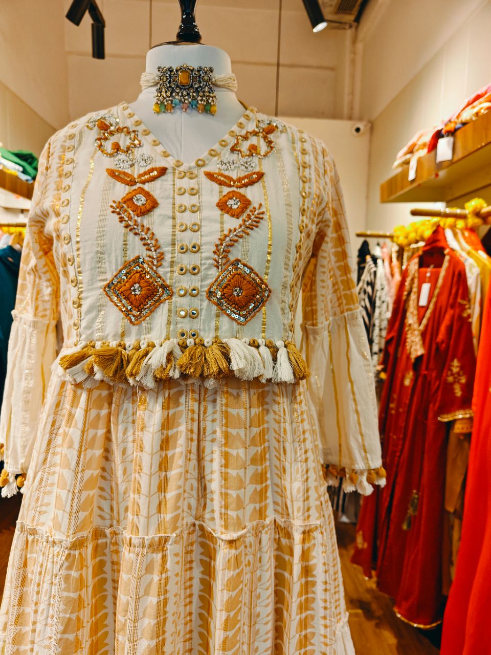 Boho Cotton Lurex Short Dress With Hand Embroidery And Tassels view 5