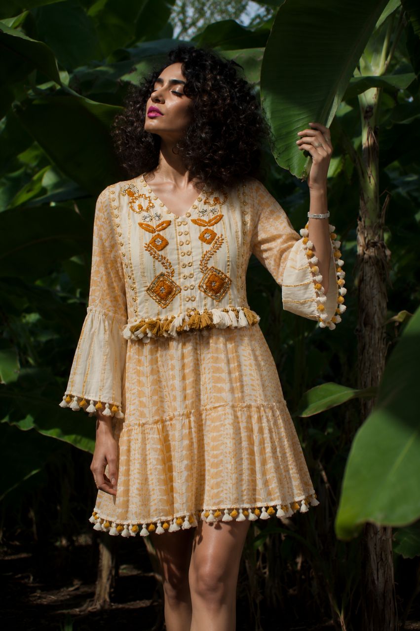 Boho Cotton Lurex Short Dress With Hand Embroidery And Tassels view 2