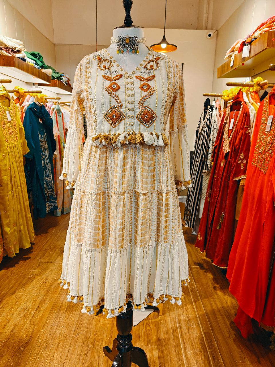 Boho Cotton Lurex Short Dress With Hand Embroidery And Tassels view 4