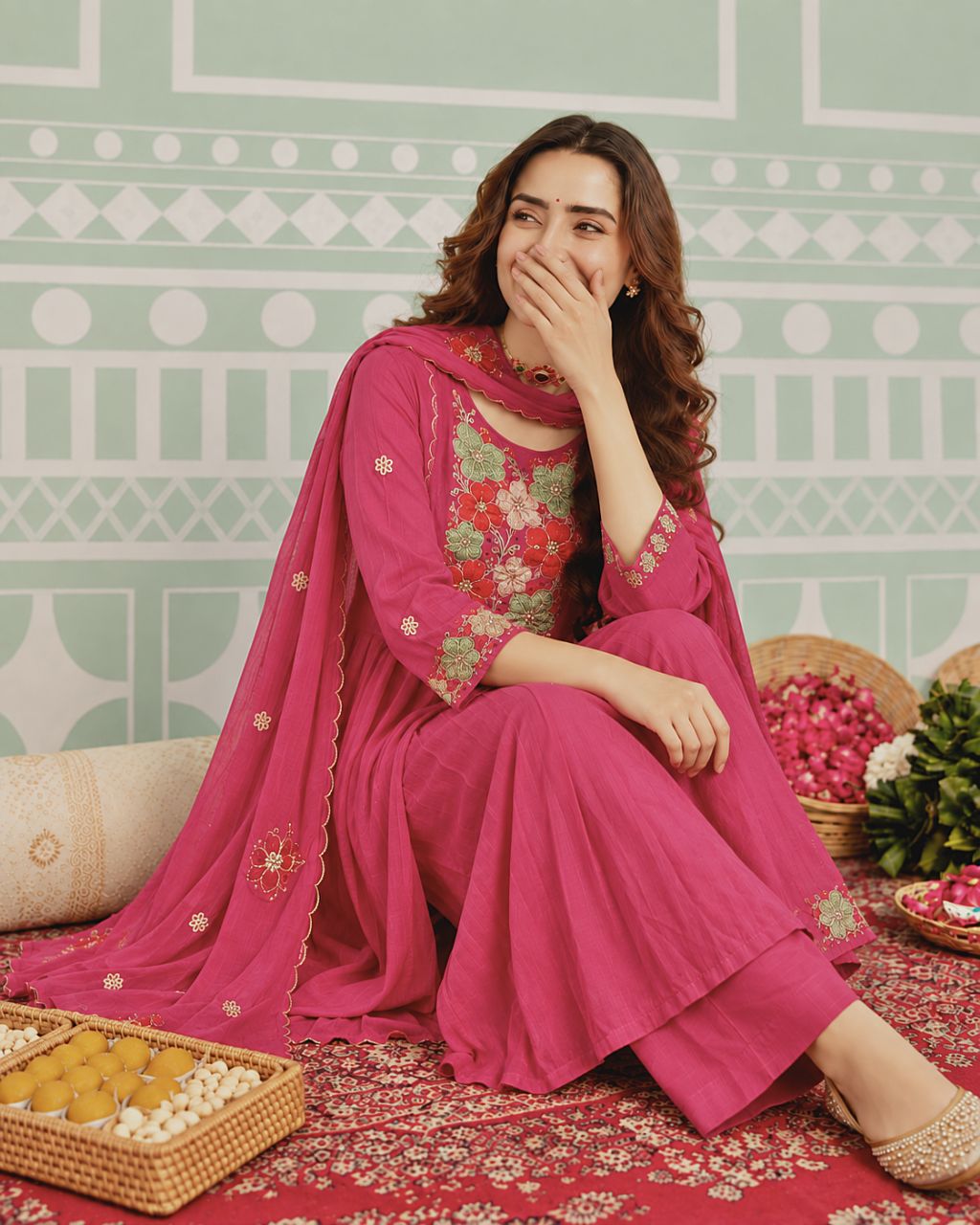 Fuschia Pink Mul Chanderi Kurta Set view 2