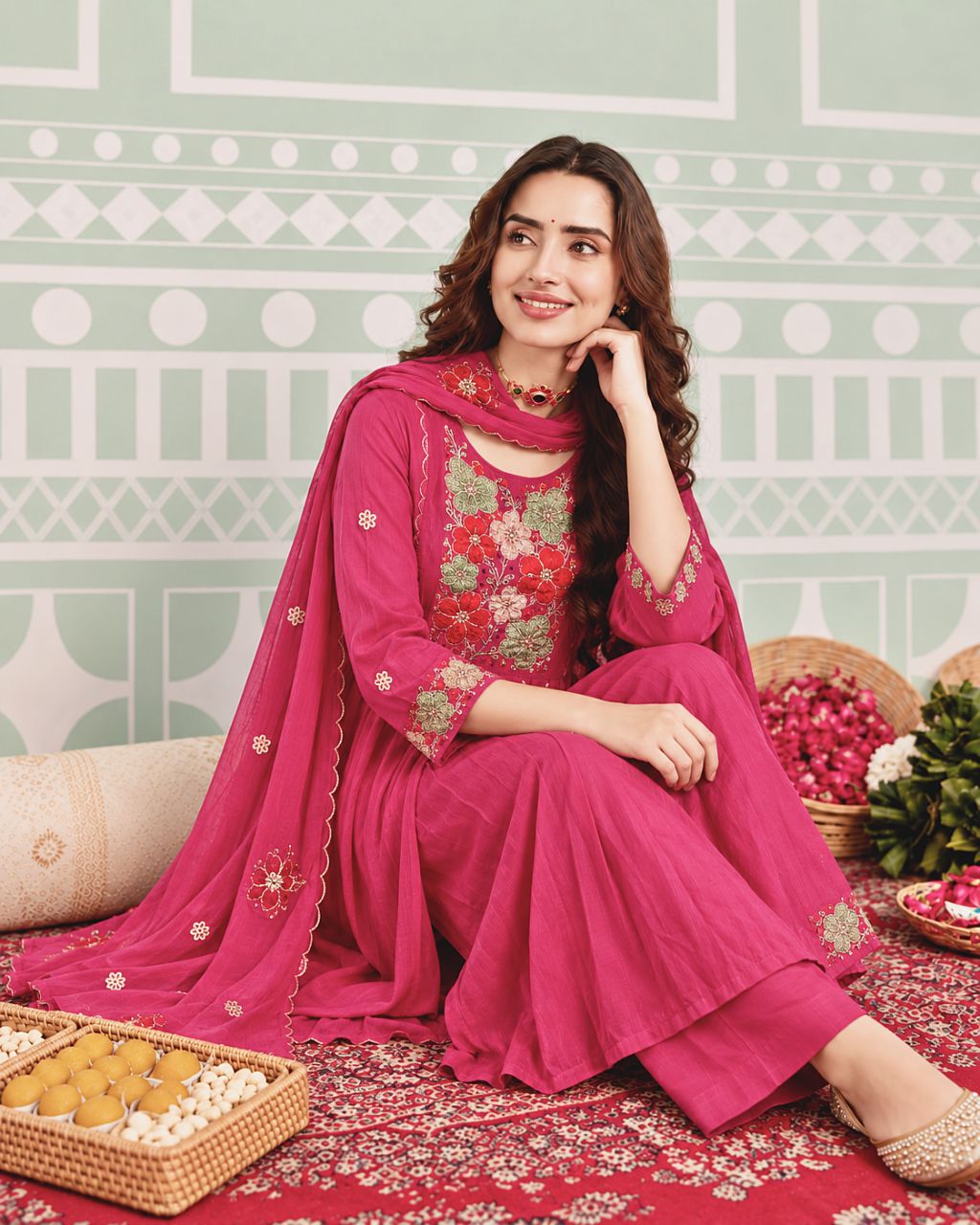 Fuschia Pink Mul Chanderi Kurta Set view 3